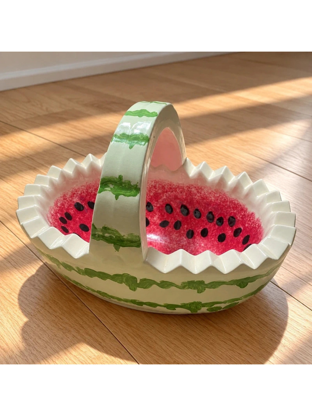 Vintage 90s Watermelon Ceramic Basket Serving Bowl Hand Painted